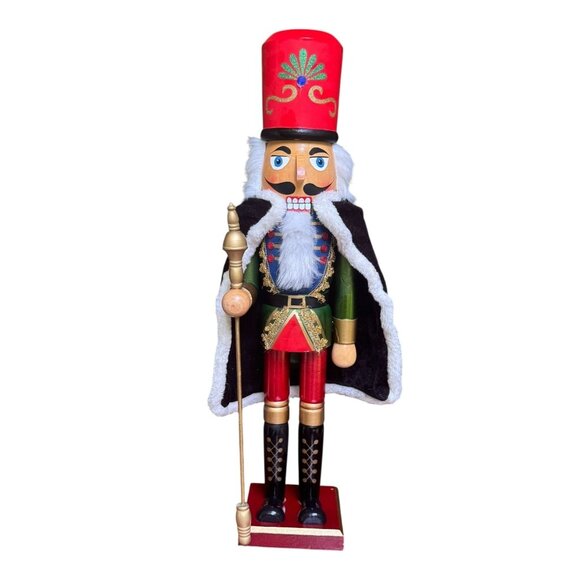 Lg Wooden Nutcracker King Staff & Cape Festive Holiday Decor Red Green Black 24" - Picture 1 of 6